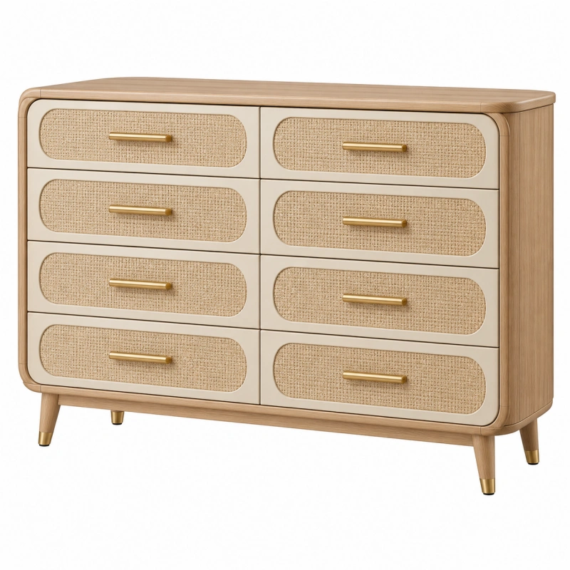 Cassettiera 140 x 45 x 85 cm in legno beige con rattan e 8 cassetti stile retrò