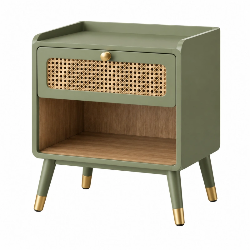 Comodino 45 x 35 x 60 cm in legno verde con cassetto in rattan - stile retrò