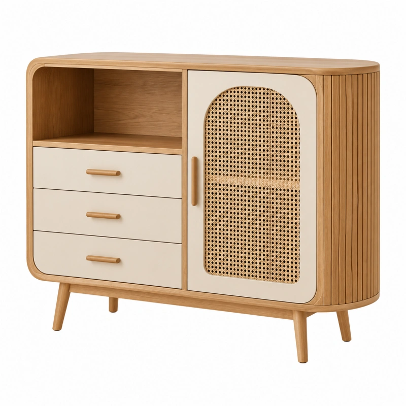 Credenza 120 x 40 x 90 cm in legno beige e naturale con ante in rattan e cassetti