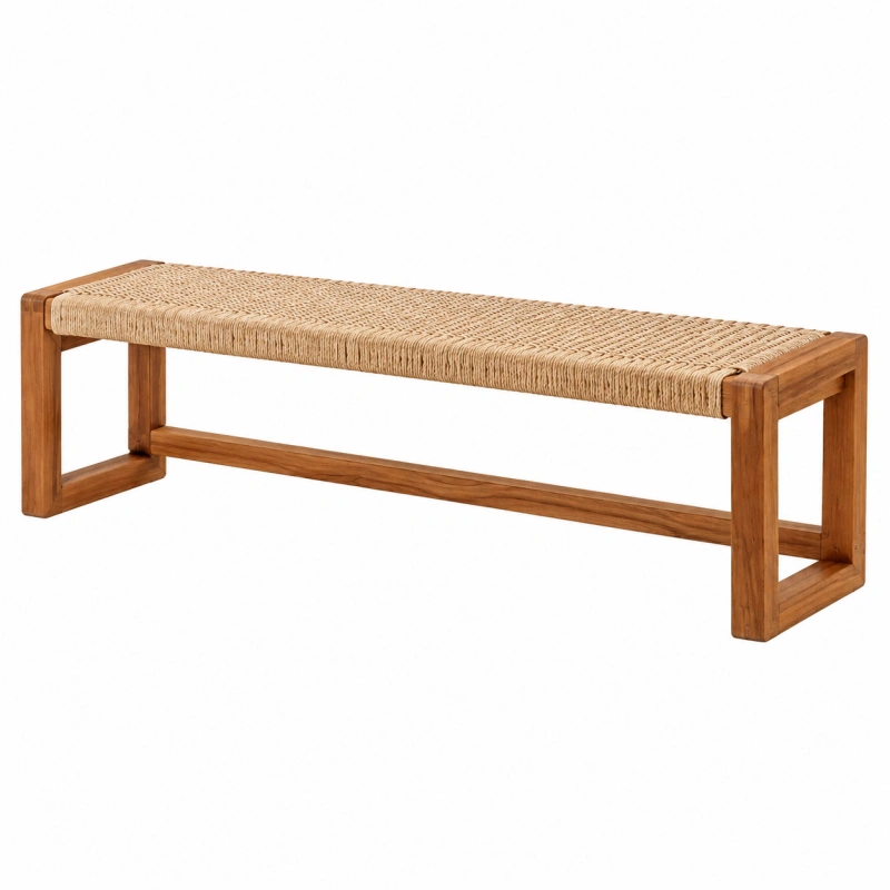 Panca 150 x 40 x 45 cm in legno marrone con seduta in fibra intrecciata stile naturale