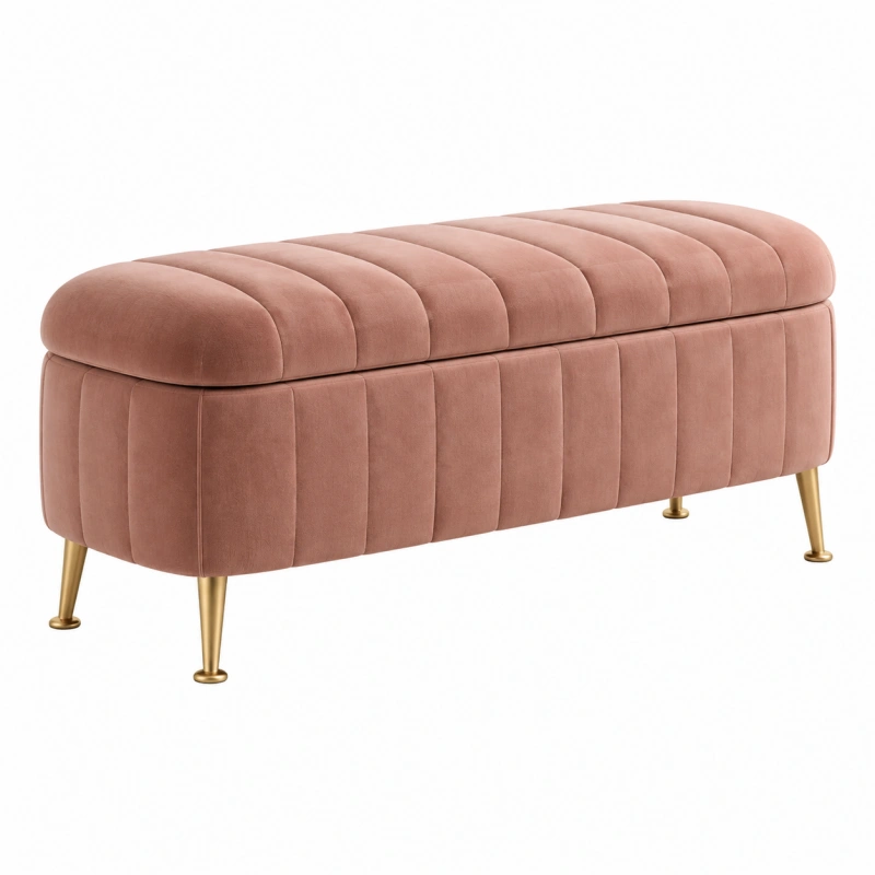 Panca contenitore 120x45x45 cm in velluto rosa con gambe dorate stile moderno
