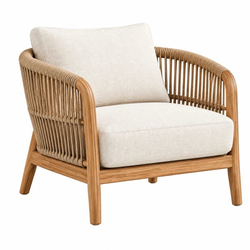 Poltrona 76 x 75 x 78 cm in legno naturale e corda intrecciata beige - stile bohémien