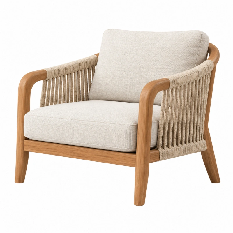 Poltrona 78 x 72 x 82 cm in legno naturale e corda con seduta imbottita stile contemporaneo