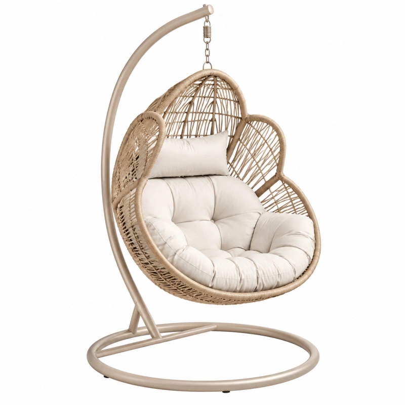 Poltrona sospesa 105x105x195 cm in fibra intrecciata beige con supporto in metallo per esterno