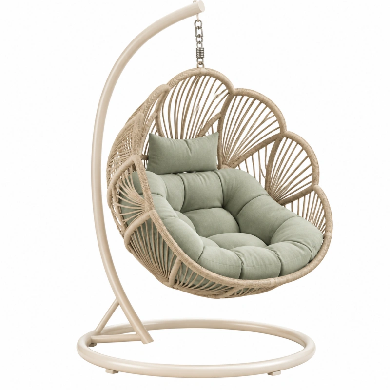 Poltrona sospesa 105 x 105 x 195 cm in metallo e fibre intrecciate beige con seduta imbottita verde salvia