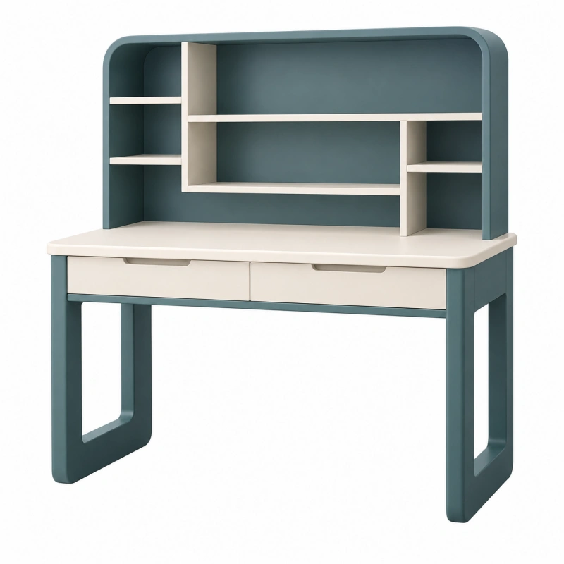 Scrivania con libreria 100 cm in legno bianco e verde petrolio - due cassetti per studio