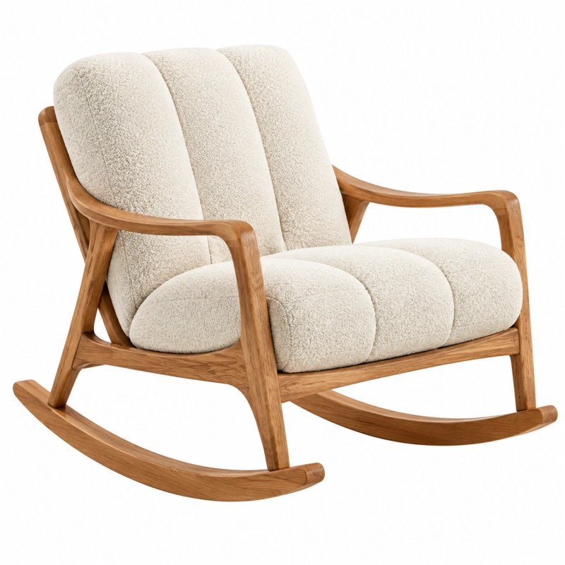Sedia a dondolo 98 x 72 x 95 cm in legno e tessuto bouclé avorio con braccioli